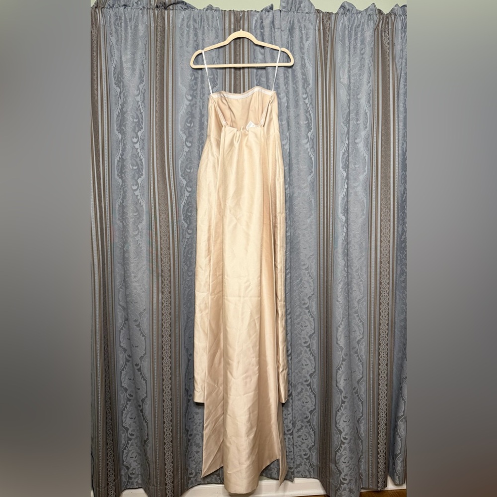 Alfred Sung Strapless Satin Twill Column Gown with Removable Train Champagne - Picture 5 of 8